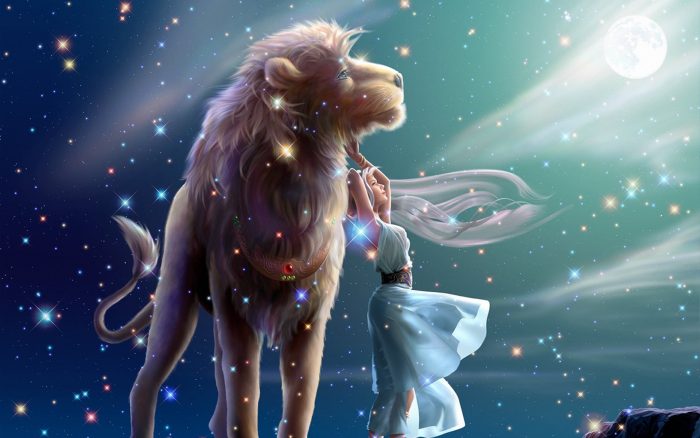 лев с девушкой на фоне звездного неба и яркого луча света