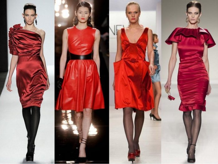 модели на подиуме в разных красных платьях-футлярах и прическах под них