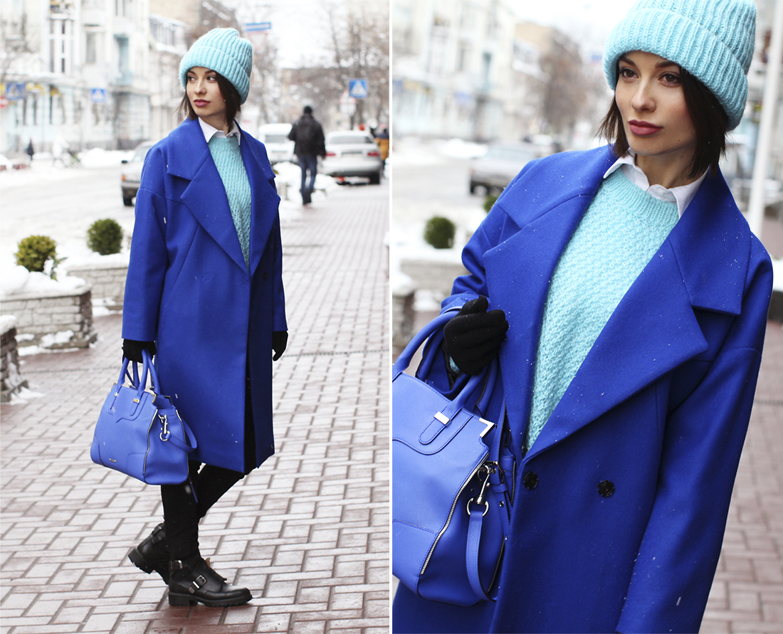 Какой цвет шапки подойдет к синему пальто и вязанному свитеру?