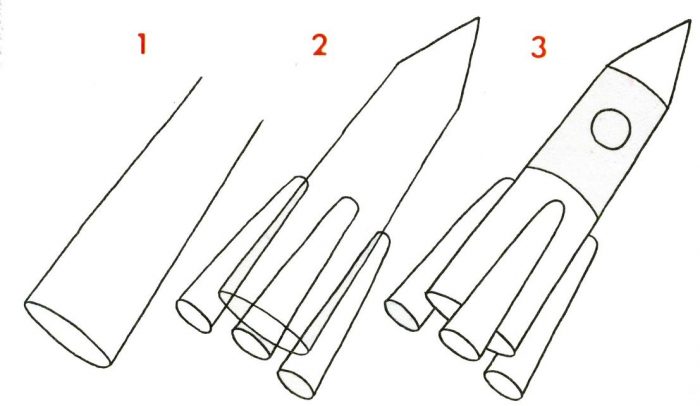 рисунок ракеты карандашом по шагам, вариант 1