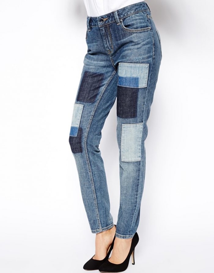 Прямые джинсы в стиле пэчворк с высокой посадкой для лета-2017