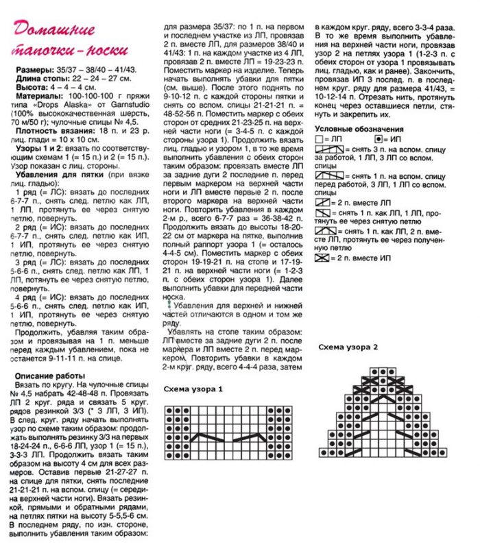 схема и описание работы по вязанию спицами домашних теплых тапочек, пример 1