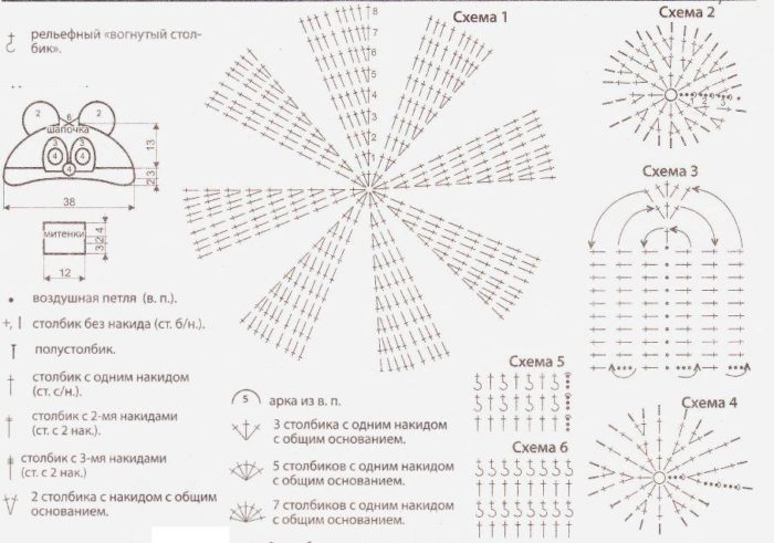 схема митенок крючком, пример 2