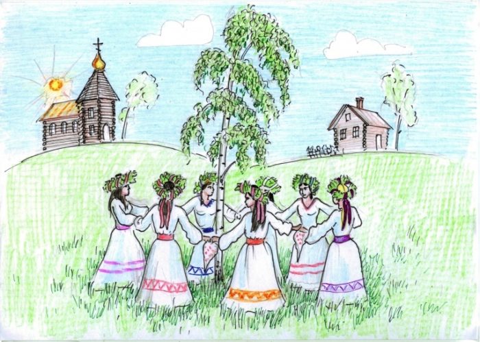 Девушки танцуют вокруг березы: детский рисунок на Троицу