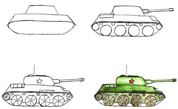 рисунок танка карандашом для ребенка поэтапно, пример 1