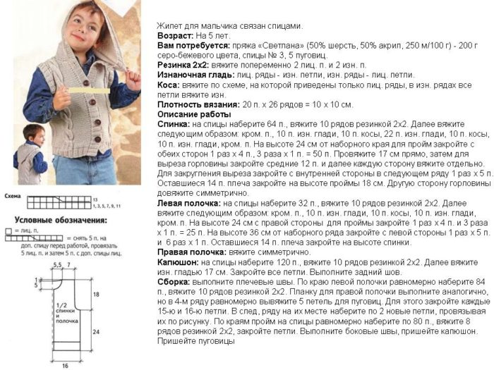 схема и подробное описание вязания спицами жилета с капюшоном для мальчика, пример 2