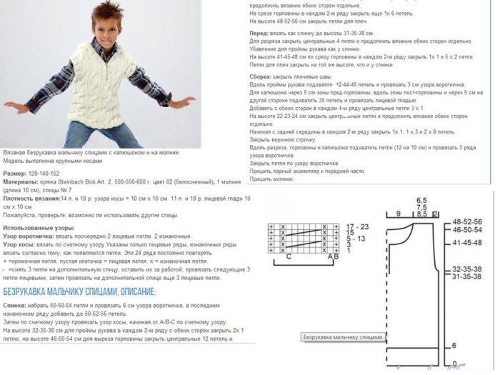 праздничный белый жилет спицами для мальчика, описание и схема