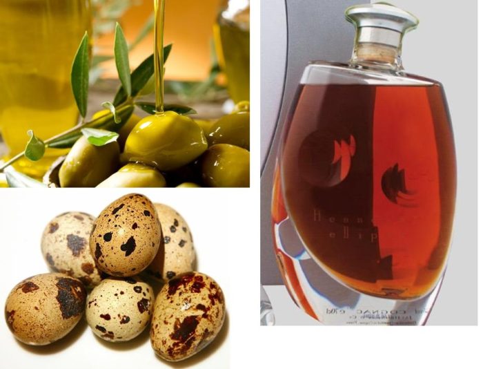olívaolaj, fürj tojás és konyak - Összetevők Maszkok a hajnövekedés szemöldökére