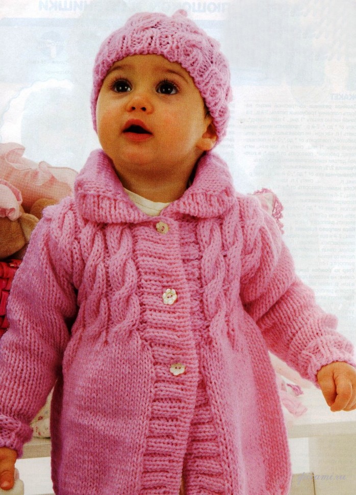 Детские бесплатные модели вязания спицами сл схемами: розовое пальто