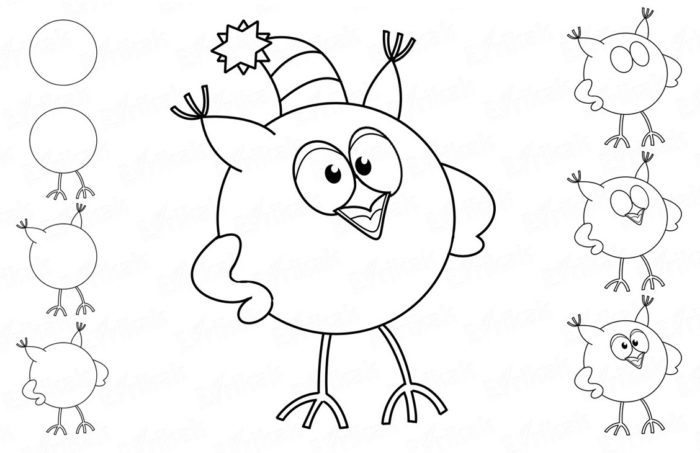 рисунок мультяшной совы по шагам, пример 4