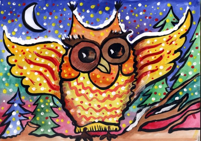 фото готовой детской картины совы, выполненной красками