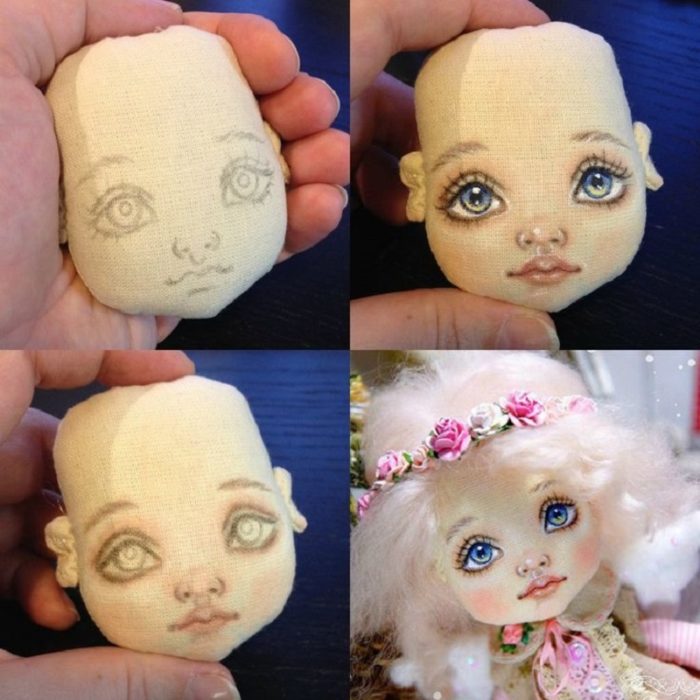 поэтапное рисование лица кукле, сшитой из ткани