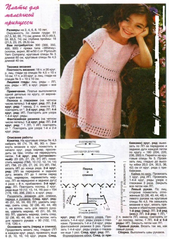 схема и описание вязания спицами летнего сарафана для девочки 2-3 лет, пример 1