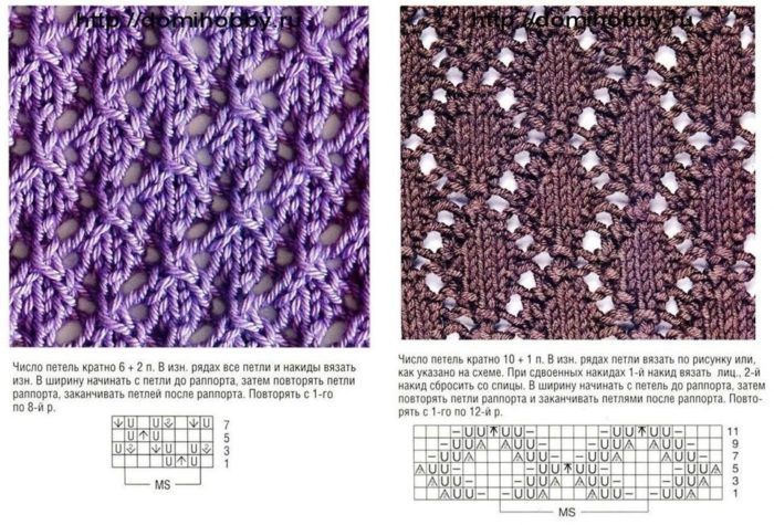 пара ажурных узоров спицами для вязания детского сарафана