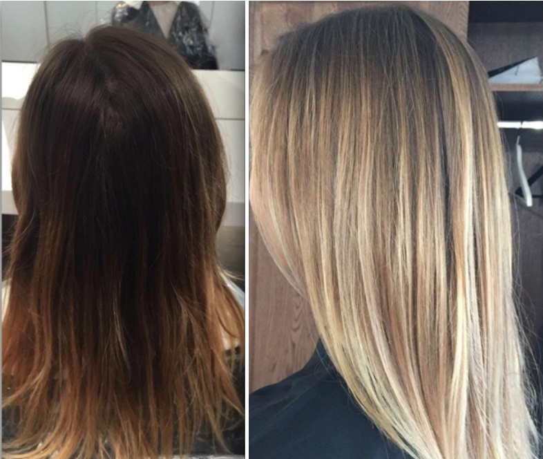 Пример окрашивания шатуш до и после на тёмные волосы
