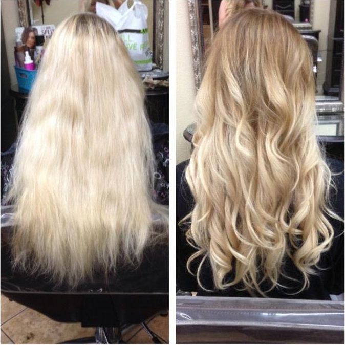 До и после окрашивания шатуш на волосах цвета блонд