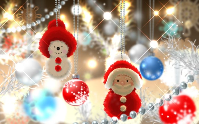 père Noël drôle et bonhomme de neige en carreaux de plafond accrochent sur l'arbre du nouvel an