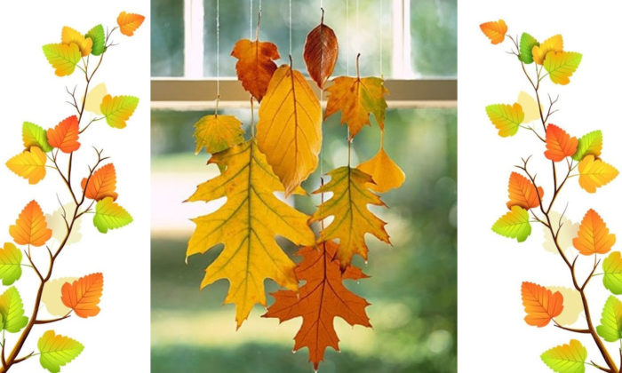 Окно украшено осенними листьями