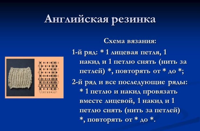 образец, схема и описание вязания английской резинки спицами