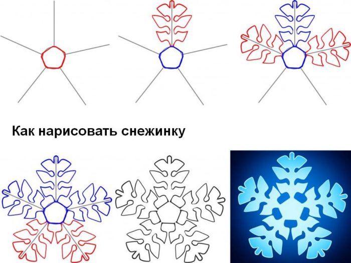 Схема рисования снежинки: вариант 1