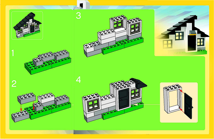 Схема строительства простого домика лего: шаг 1-4