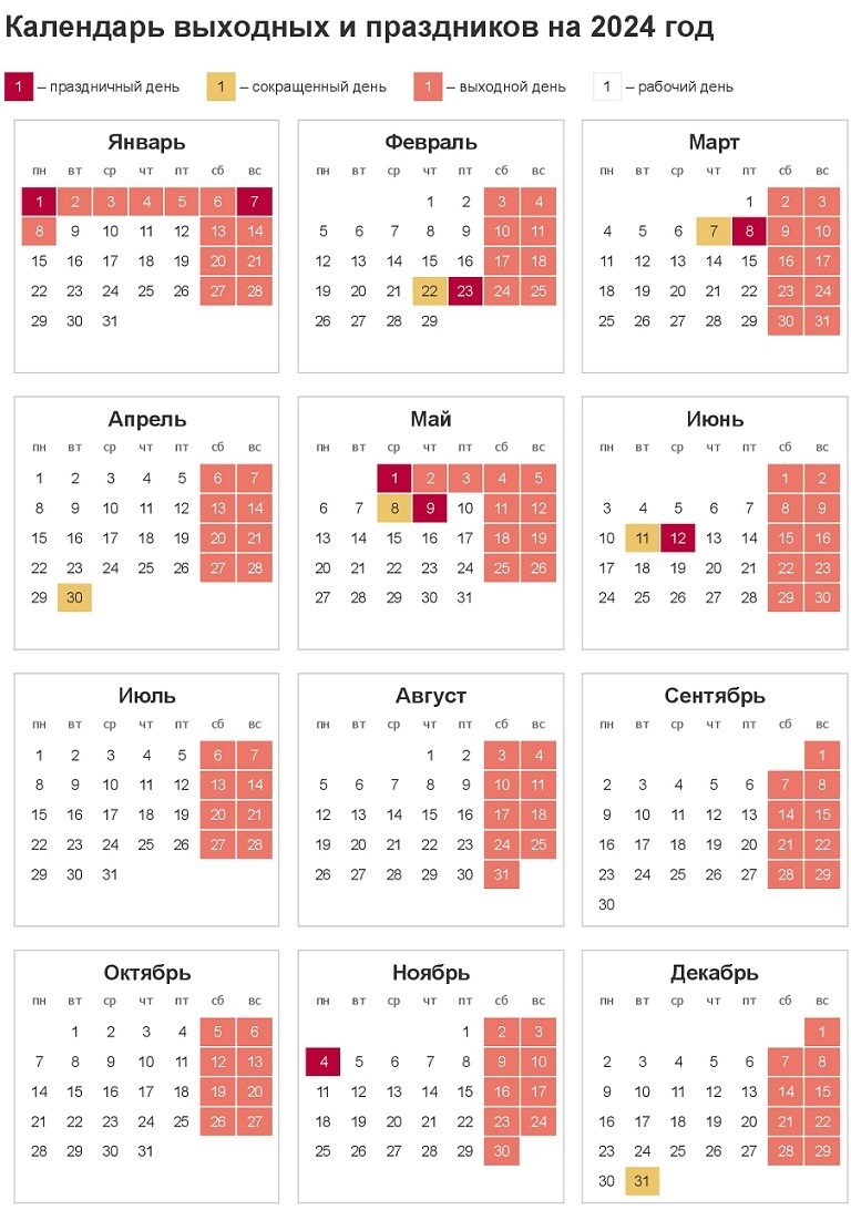 Производственный календарь на 2024 год с праздничными днями
